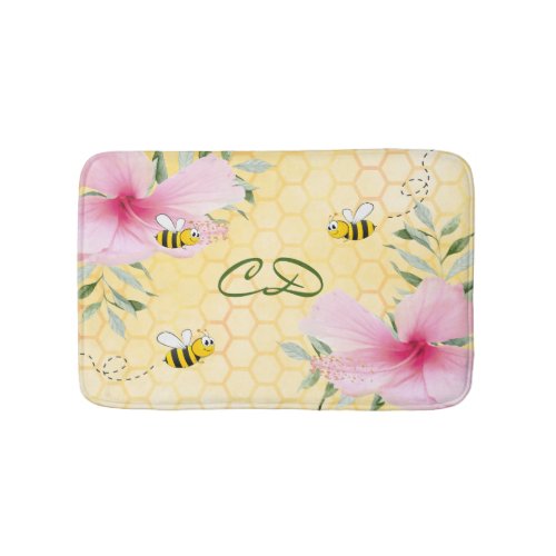 Bumble bees pink yellow honeycomb monogram bath mat