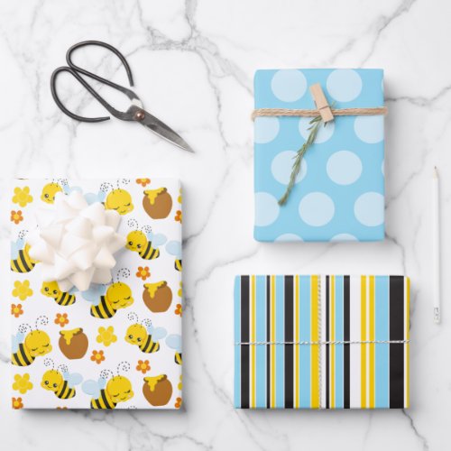 Bumble Bees Polka Dots and Stripes Patterns Wrapping Paper Sheets