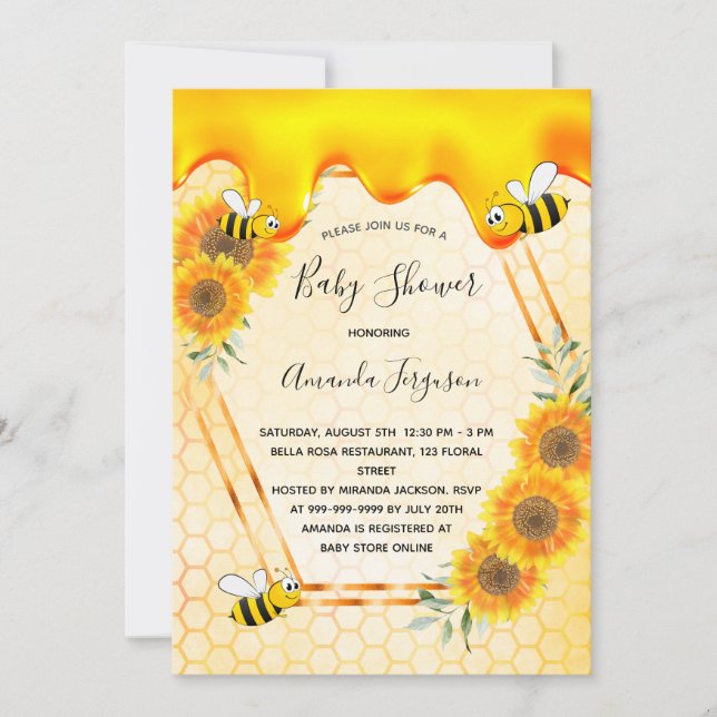 Bumble bees sunflowers mom to bee baby shower invitation (Front)