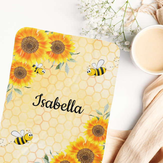 Bumble bees sunflowers yellow honeycomb monogram baby blanket