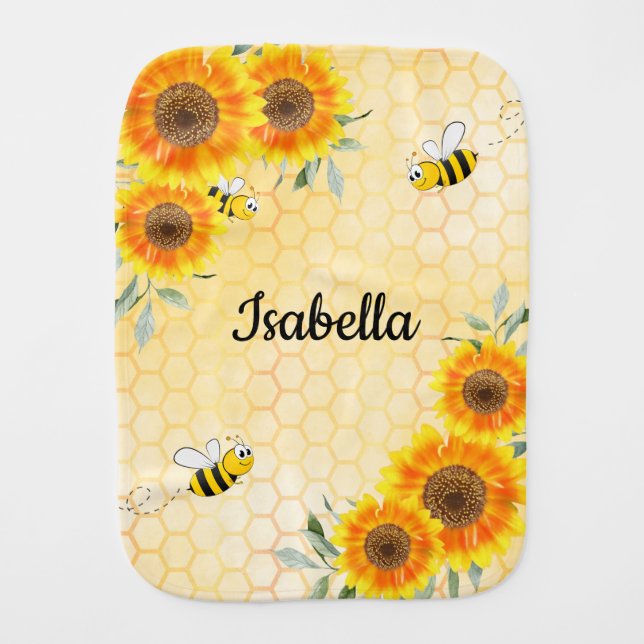 Bumble bees sunflowers yellow honeycomb monogram baby burp cloth (Front)