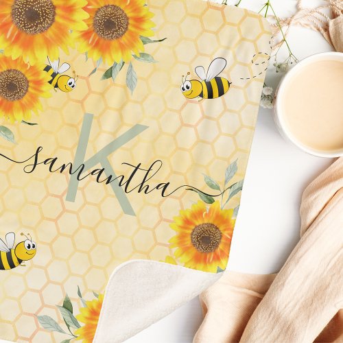 Bumble bees sunflowers yellow honeycomb monogram sherpa blanket