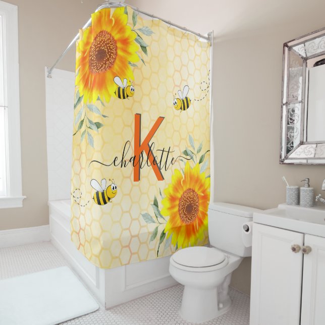 Bumble bees sunflowers yellow honeycomb monogram shower curtain (In Situ)