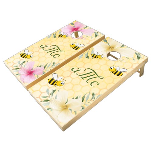 Bumble bees tropical florals couple monogram cornhole set