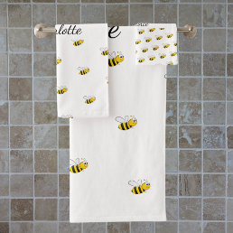 Bumble bees white monogram name script  bath towel set