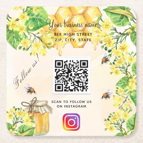 Bumble bees yellow floral business social media square paper coaster