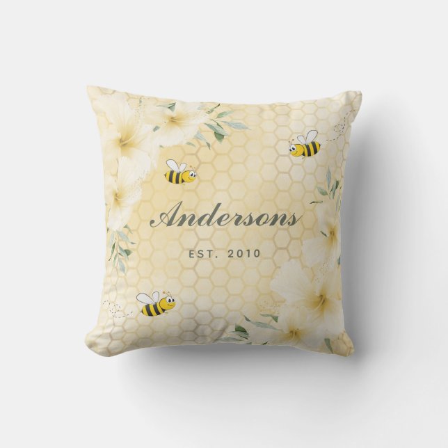 Bumble bees yellow honeycomb floral monogram outdoor pillow (Front)