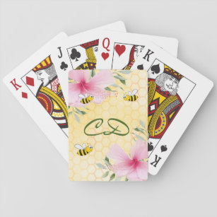 Bumble bees yellow honeycomb floral monogram playing cards