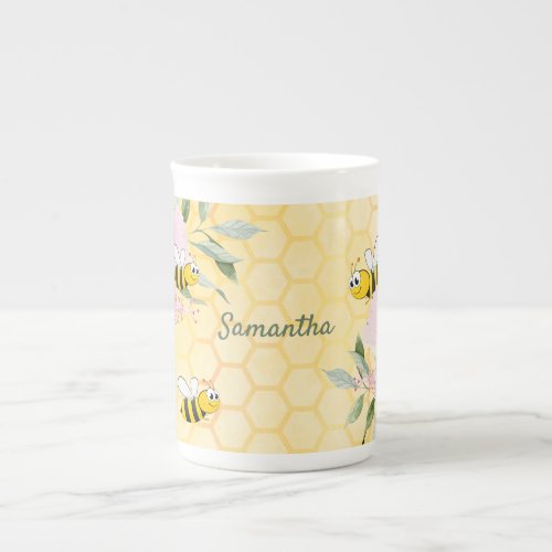 Bumble bees yellow honeycomb floral name bone china mug