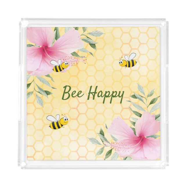 Bumble bees yellow honeycomb florals bee happy acrylic tray (Front)