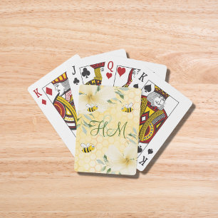 Bumble bees yellow honeycomb flowers monogram poker cards