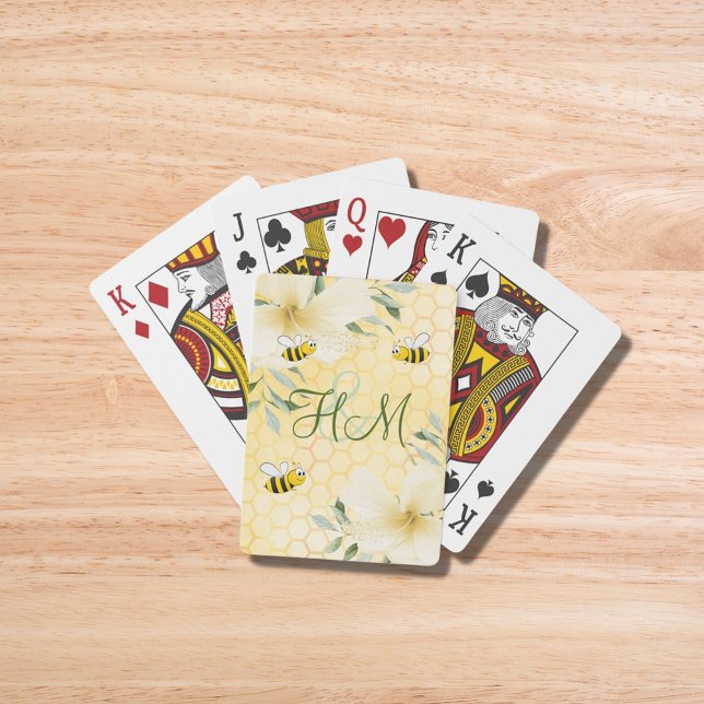Bumble bees yellow honeycomb flowers monogram poker cards (Creator Uploaded)