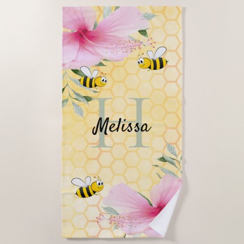 Bumble bees yellow honeycomb pink floral beach towel