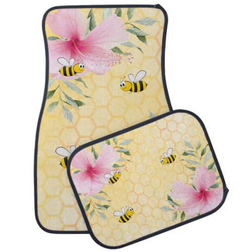Bumble bees yellow honeycomb pink floral car floor mat