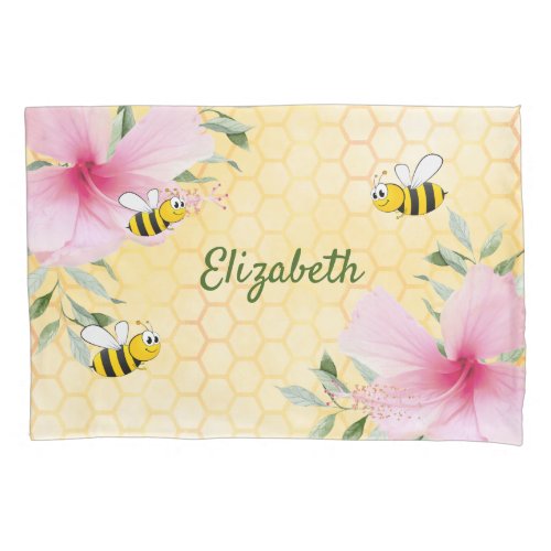 Bumble bees yellow honeycomb pink floral name pillow case