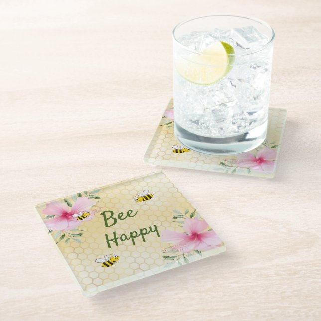 Bumble bees yellow honeycomb pink florals glass coaster (Angled)