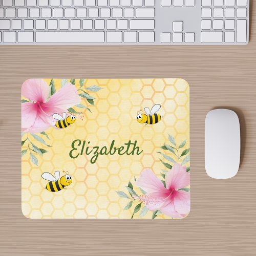 Bumble bees yellow honeycomb pink florals name mouse pad