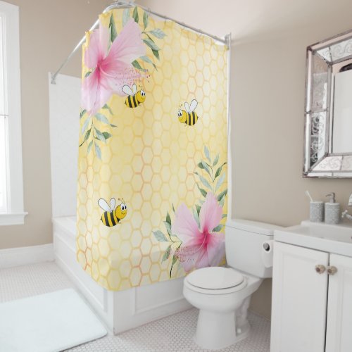 Bumble bees yellow honeycomb pink florals shower curtain