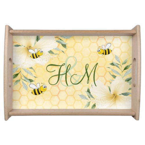 Bumble bees yellow honeycomb summer monogram serving tray