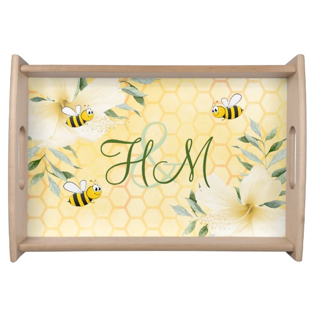 Bumble bees yellow honeycomb summer monogram serving tray (Front)