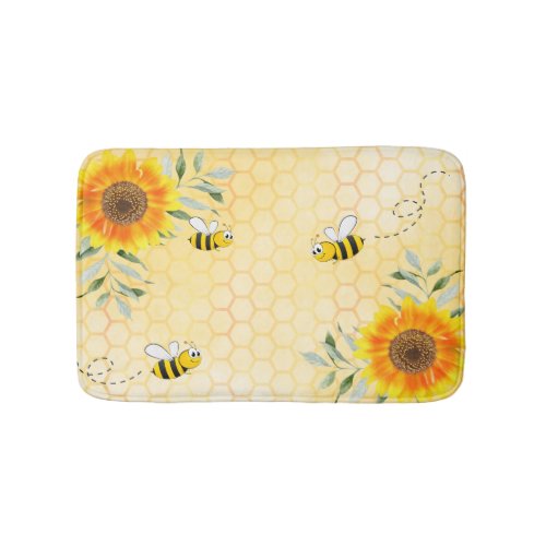 Bumble bees yellow honeycomb sunflowers bath mat