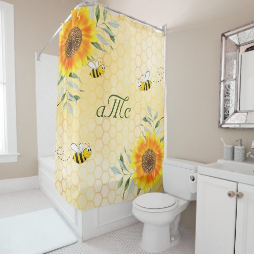 Bumble bees yellow honeycomb sunflowers monogram shower curtain