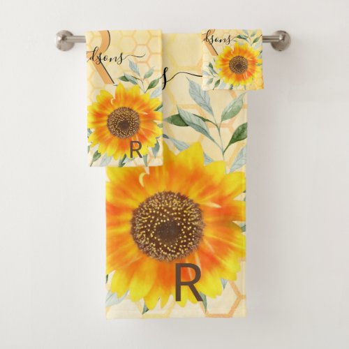 Bumble bees yellow sunflower floral monogram bath towel set