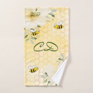 Bumble bees yellow sweet honeycomb monogram hand towel