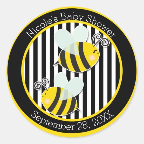 Bumble Black White Yellow Bee Theme Baby Shower Classic Round Sticker