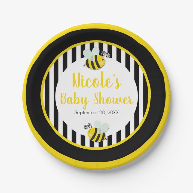 Bumble Black White Yellow Bee Theme Baby Shower Paper Plates (Front)