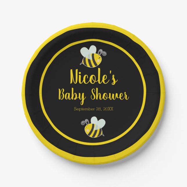 Bumble Black & Yellow Bee Theme Baby Shower Paper Plates (Front)