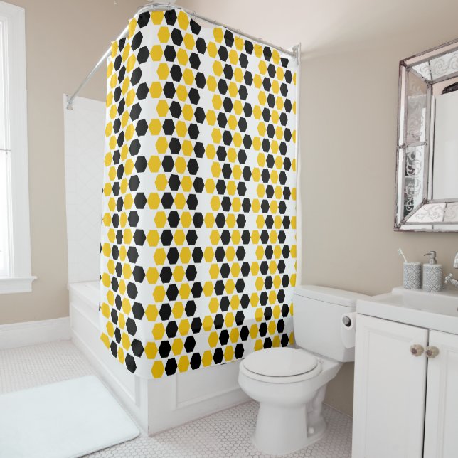 Bumble Black Yellow Geometric Hexagram Hex Pattern Shower Curtain (In Situ)