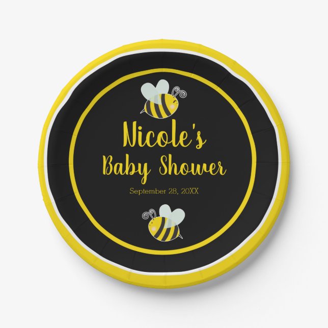 Bumble Black & Yellow White Bee Theme Baby Shower Paper Plates (Front)