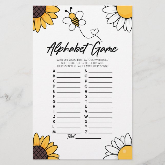 Bumble Honey Bee Alphabet Baby Shower Game Stationery (Front)