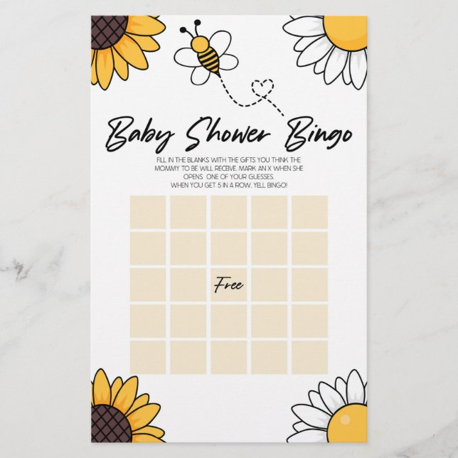 Bumble Honey Bee Bingo Baby Shower Game Stationery (Front)