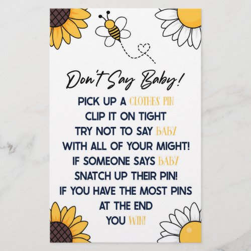 Bumble Honey Bee Dont Say Baby Shower Game Stationery