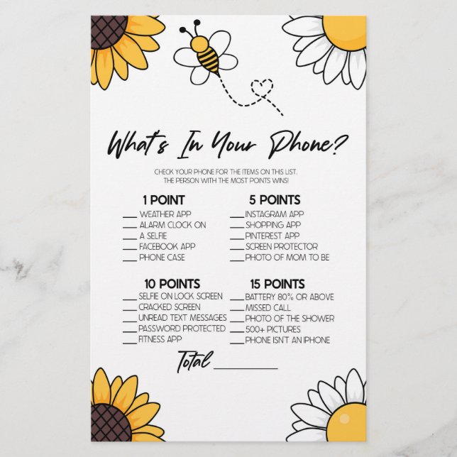 Bumble Honey Bee In Your Phone Baby Shower Game Stationery (Front)