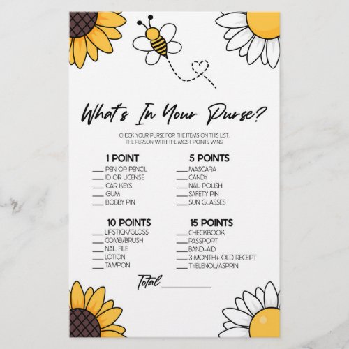 Bumble Honey Bee Whats In Purse Baby Shower Game Stationery