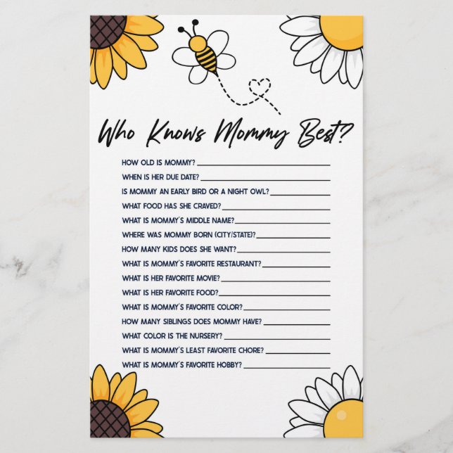 Bumble Honey Bee Who Knows Mommy Baby Shower Game Stationery (Front)