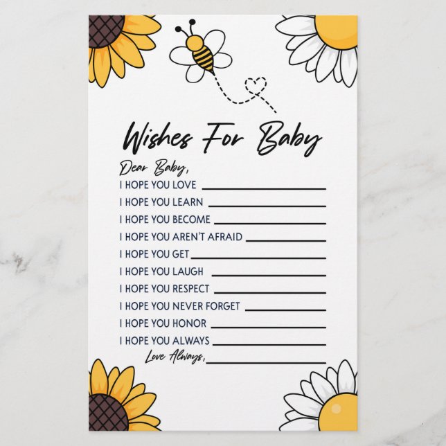 Bumble Honey Bee Wishes For Baby Shower Activity Stationery (Front)