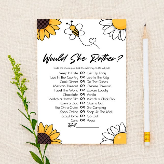 Bumble Honey Bee Would She Rather Baby Shower Game Stationery (Creator Uploaded)