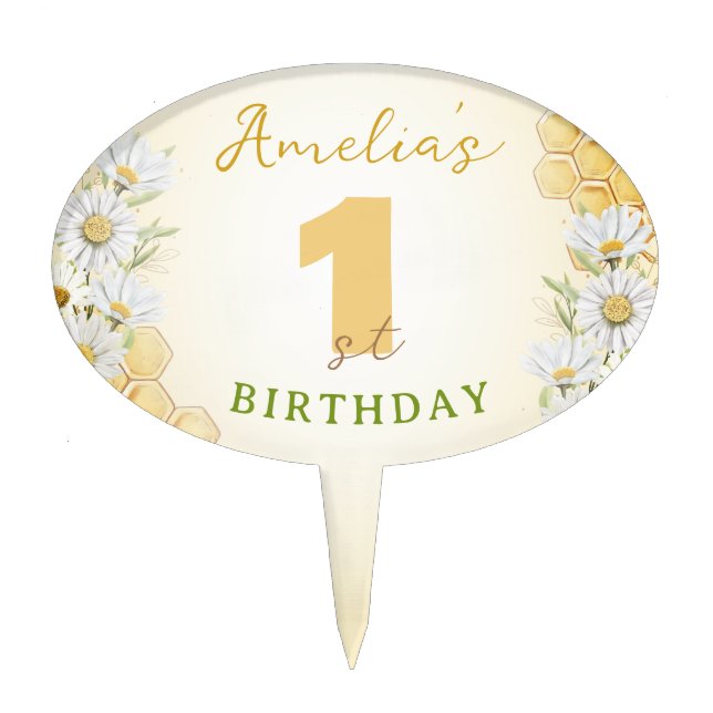 Bumblebee 1st First Birthday Bee Daisy Wildflower Cake Topper (Front)