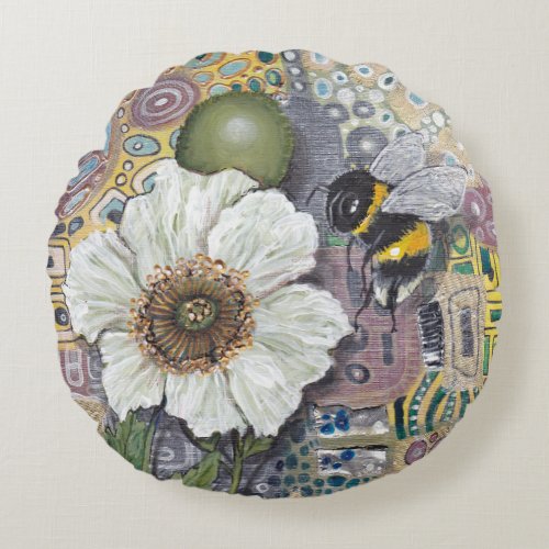 Bumblebee and White Poppy Reversible  Round Pillow