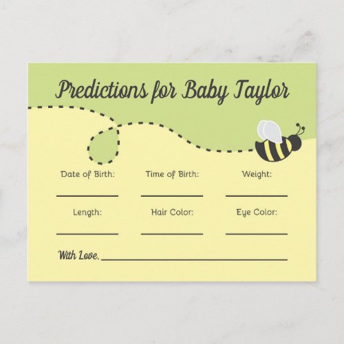 Bumblebee Baby Shower Predictions yellow and green Invitation Postcard