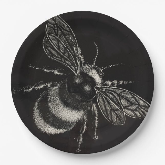 Bumblebee Black and white Motif Flits Across Paper Plates (Front)
