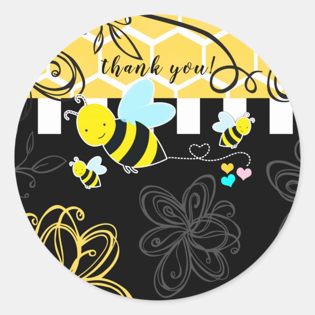 Bumblebee Black & Yellow Baby Shower Modern Chic Classic Round Sticker (Front)
