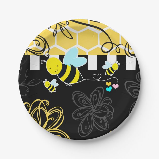 Bumblebee Black & Yellow Baby Shower Modern Chic Paper Plates (Front)
