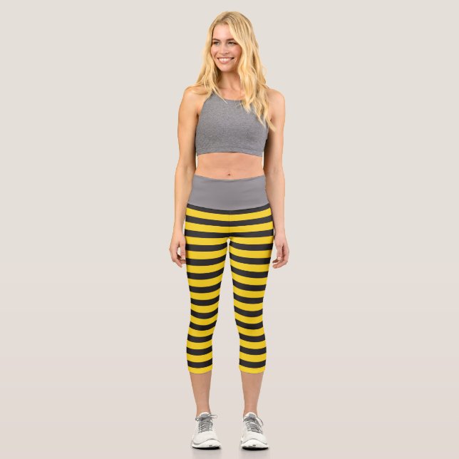Bumblebee Black Yellow Horizontal Lines Bumble Bee Capri Leggings (Front)