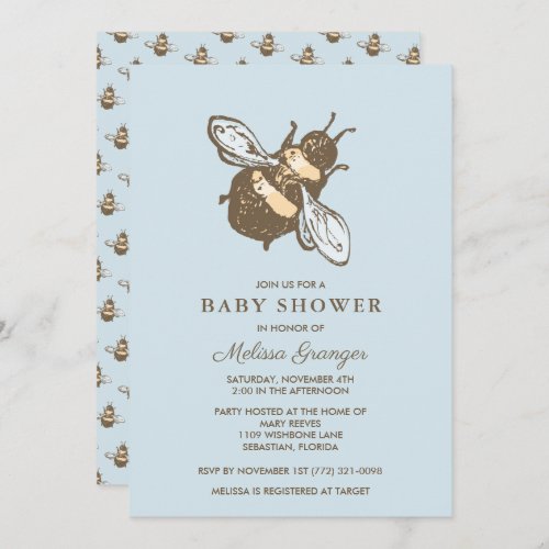 Bumblebee Blue Brown Botanical Baby Shower Invitation