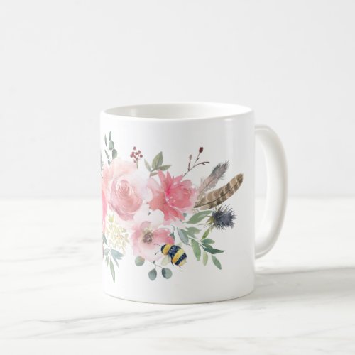 Bumblebee Blush Roses Berries Feathers Greenery  Coffee Mug